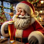 DALL·E 2023-12-24 13.30.50 - A festive and amusing scene of Santa Claus in a cozy pub, with honey whimsically flowing from his nose as he enjoys a pint of beer. Santa is depicted .png